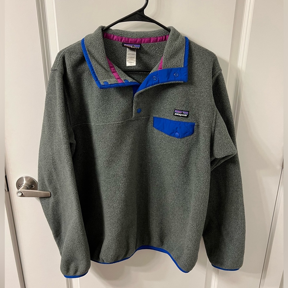 Patagonia Synchilla Fleece Snap T Womens Jacket -Gray & Blue Trim, Size L